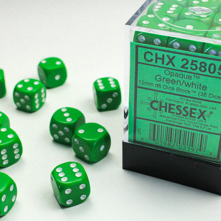 Opaque Green/white 12mm d6 Dice Block (36 dice)
