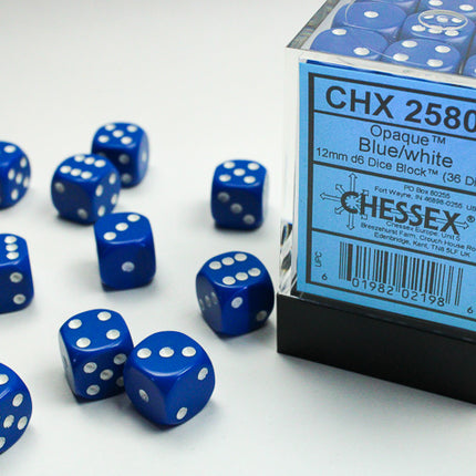 Opaque Blue/white 12mm d6 Dice Block (36 dice)