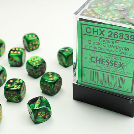 Chessex Gemini Black-Green/Gold 12mm D6 Dice Block