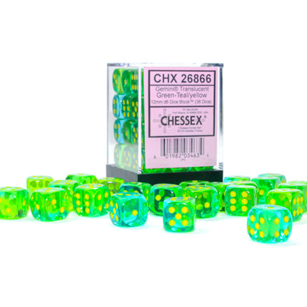 Chessex Gemini Translucent Green-Teal/ Yellow 12mm D6 Dice Block