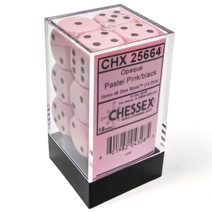 Opaque Pastel Pink/black 16mm d6 Dice Block (12 dice)