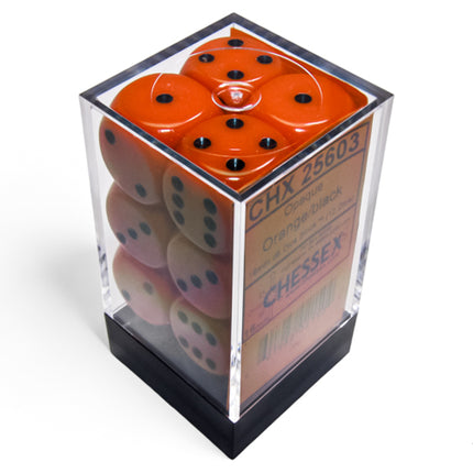 Opaque Orange/black 16mm d6 Dice Block (12 dice)