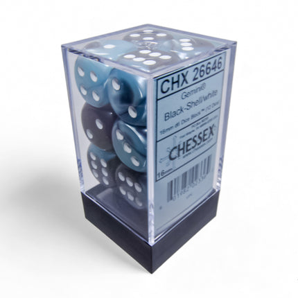 Gemini Black-Shell/white 16mm d6 Dice Block (12 dice)