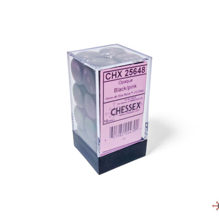 Opaque Black/pink 16mm d6 Dice Block (12 dice)