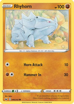 Rhyhorn (096) - 96/202 [SWSH01: Sword & Shield Base Set] Reverse Holofoil