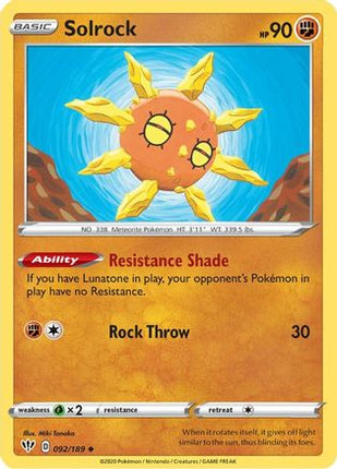 Solrock - 92/189 [SWSH03: Darkness Ablaze] Reverse Holofoil