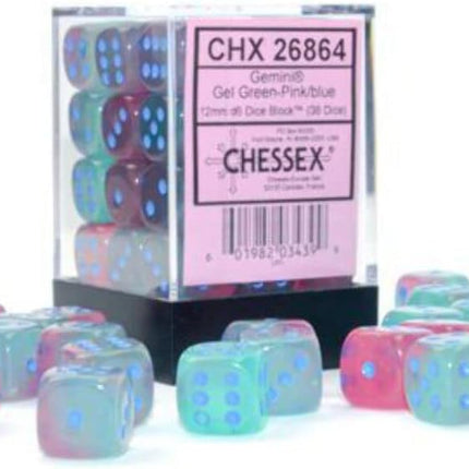 Chessex Gemini Translucent Green/Pink-Blue 12mm D6 Dice Block