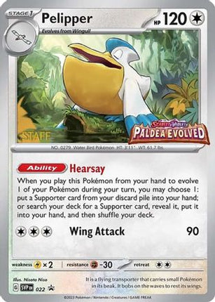 Pelipper - 022 (Prerelease) [Staff] - 22/null [SV: Scarlet & Violet Promo Cards] Holofoil