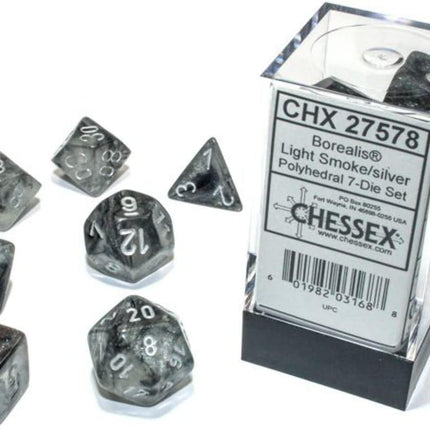 Chessex D&D Dice-16mm Borealis Light Smoke with Silver Luminary Plastic Polyhedral Dice Set