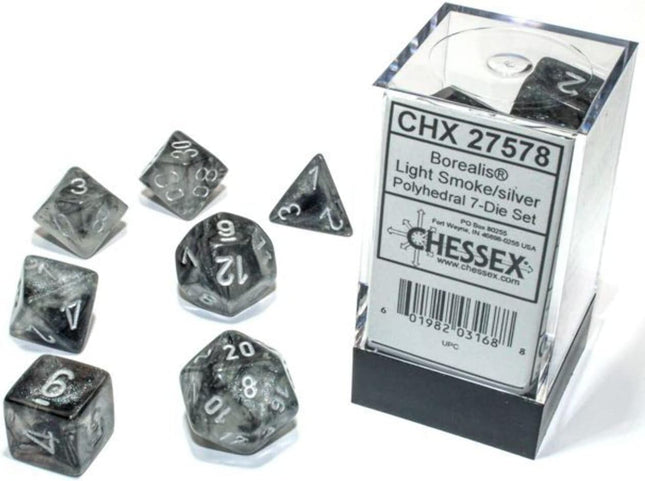 Chessex D&D Dice-16mm Borealis Light Smoke with Silver Luminary Plastic Polyhedral Dice Set