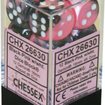 Gemini Black - Pink/White 16mm d6 Dice Block