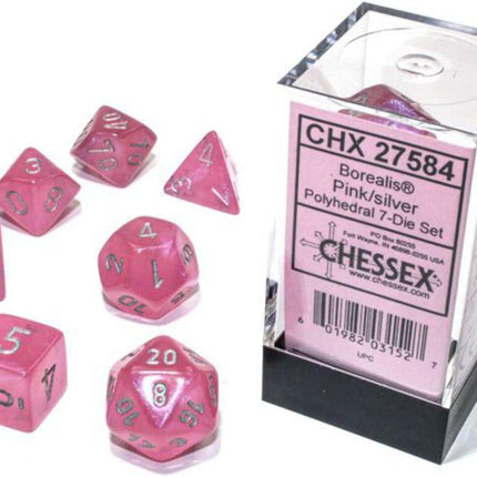 Chessex D&D Dice-16mm Borealis Pink and Silver Luminary Plastic Polyhedral Dice Set