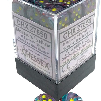 Chessex - 16mm 12 D6 Mosaic/Yellow Plastic Polyhedral Dice