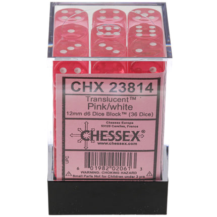 Pink/White Translucent 12mm d6 Dice Block (36 dice)