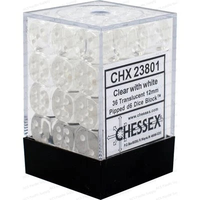 Clear/White Translucent 12mm d6 Dice Block (36 dice)