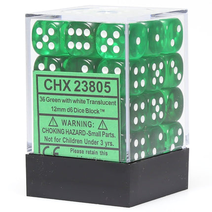 Green/White Translucent 12mm d6 Dice Block (36 dice)