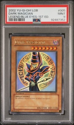 2002 Yu-Gi-Oh! LOB Dark Magician #005 Legend/Blue Eyes-1st Ed. PSA MINT 9