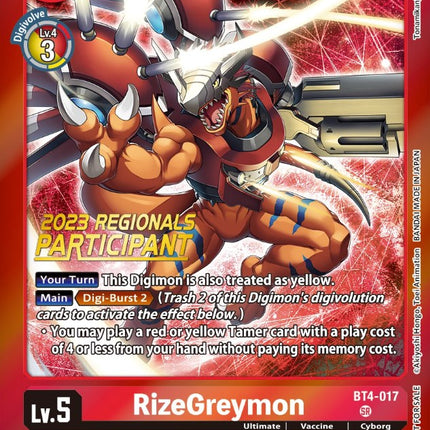 RizeGreymon [BT4-017] (2023 Regionals Participant) [Great Legend Promos]