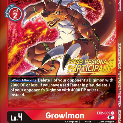 Growlmon [EX2-009] (2023 Regionals Participant) [Digital Hazard Promos]