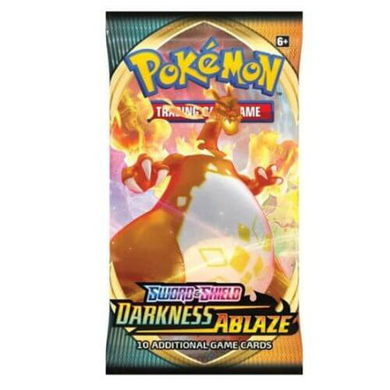 Picture shows a Darkness Ablaze booster pack featuring card art of Charizard VMAX